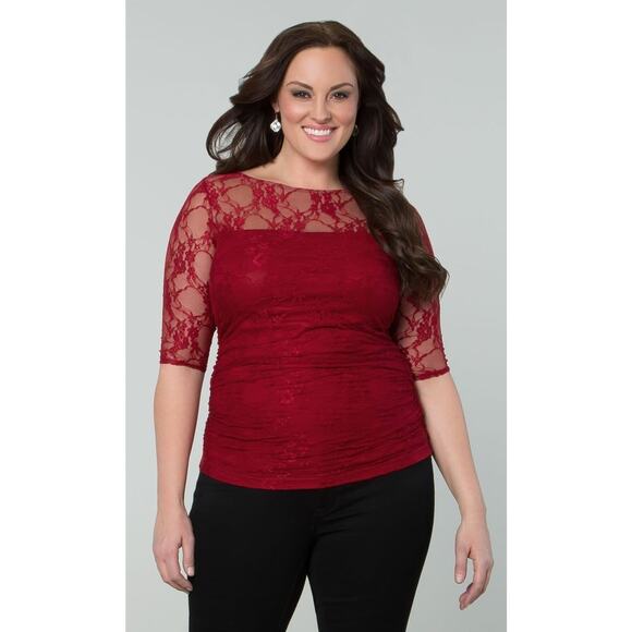 Kiyonna Top Red Lace 2X Smitten Style Feminine Illusion Neckline Christmas Party - Picture 1 of 12